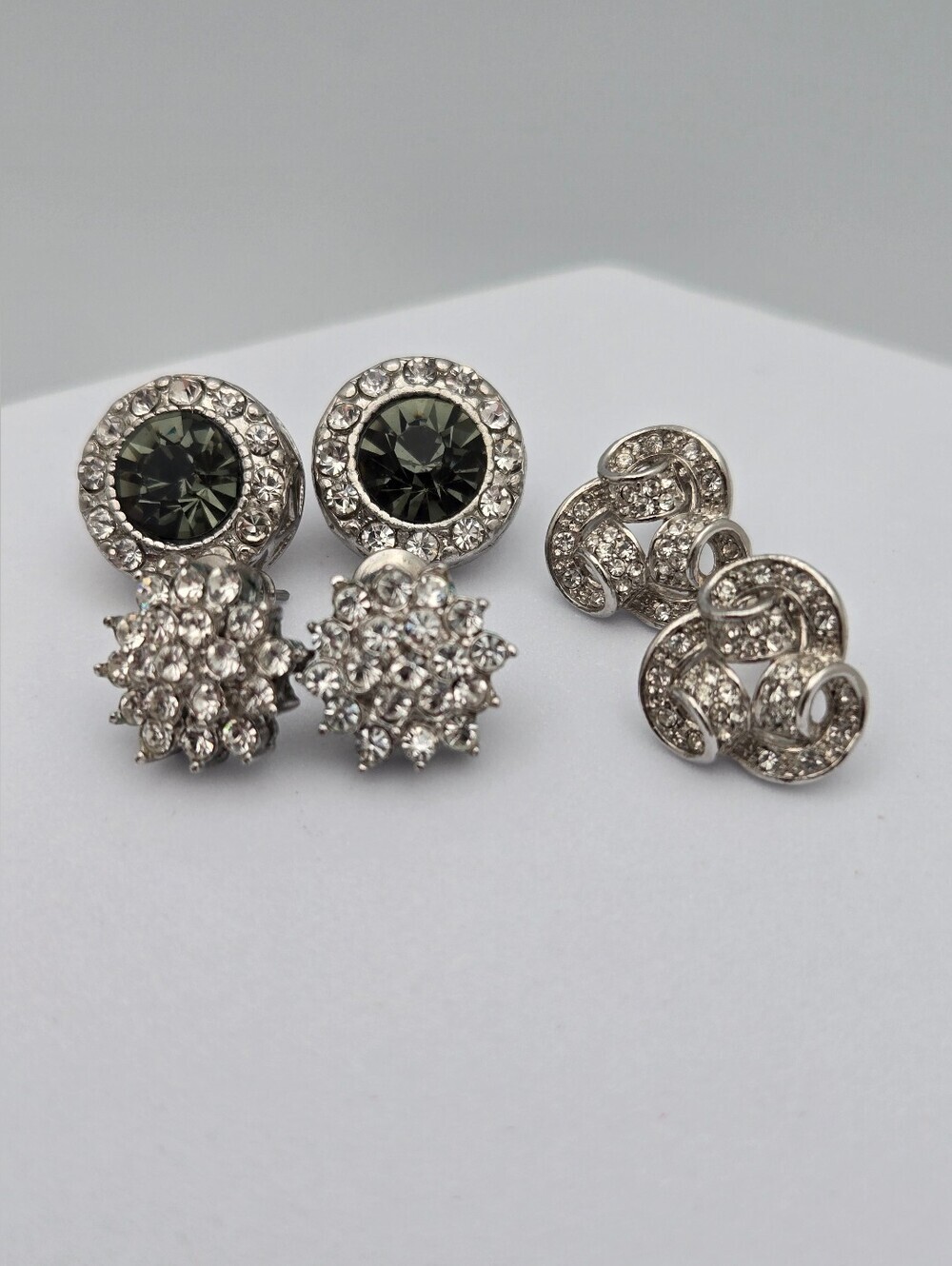 3 Pair Rhinestone Stud Earring Set Halo Knot & Starburst Crystal New